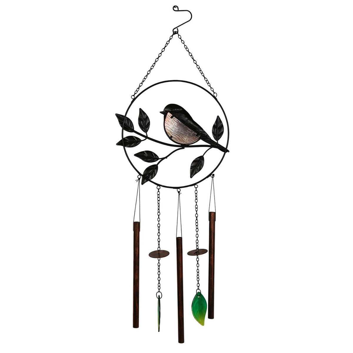 Robin on Branch Iron Wind Chime with Leaf Pendants 72cm