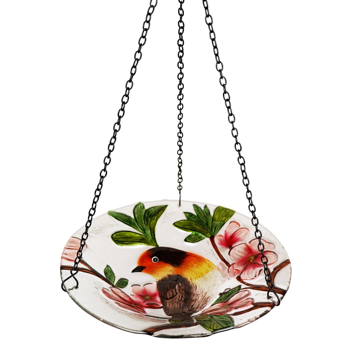 Robin and Flower Hanging Glass Bird Feeder with Chains 23cm