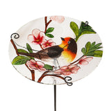 Robin and Pink Blossom Glass Bird Feeder with Stake 30.5cm