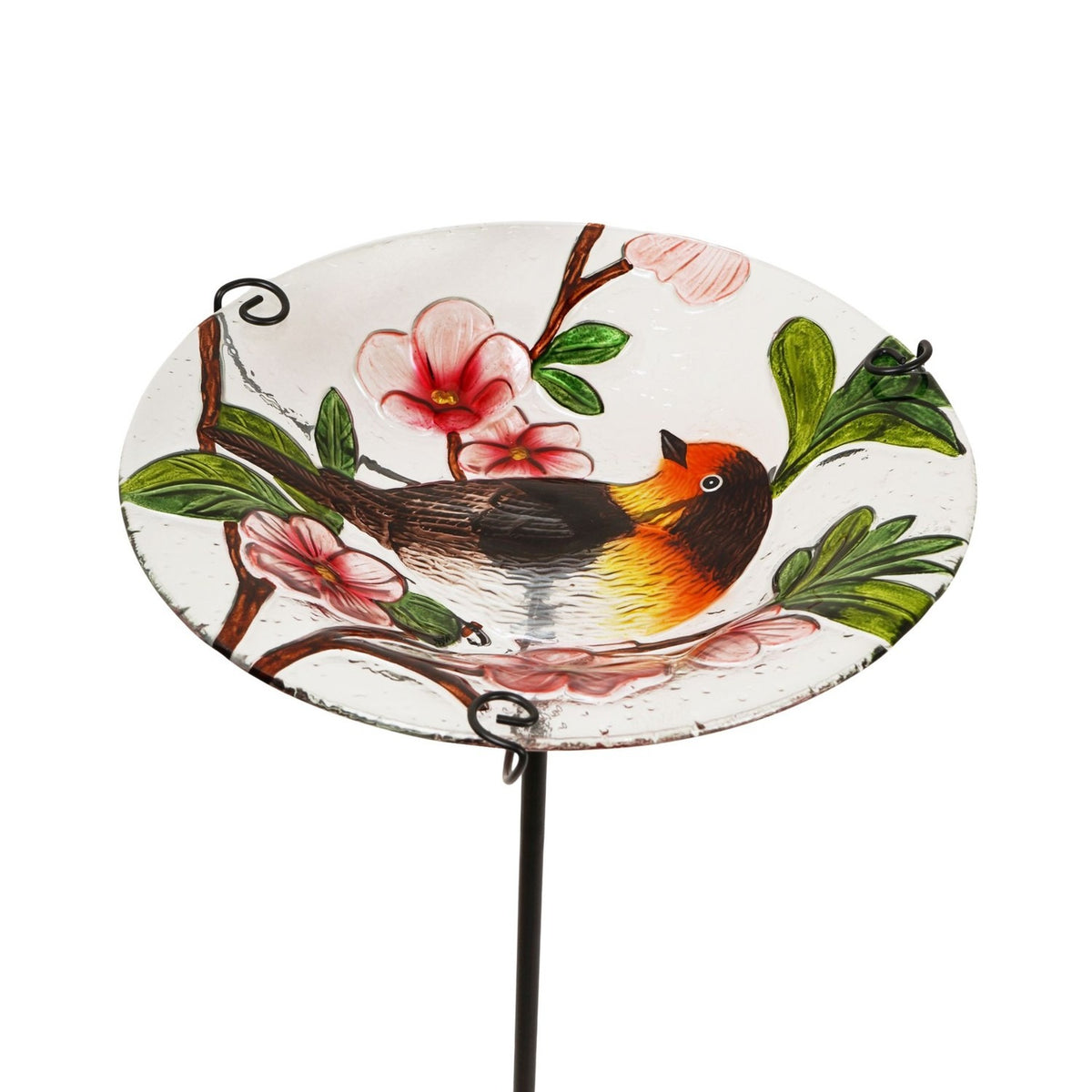 Robin and Pink Blossom Glass Bird Feeder with Stake 30.5cm