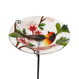 Robin and Pink Blossom Glass Bird Feeder with Stake 30.5cm