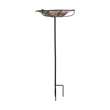 Robin and Pink Blossom Glass Bird Feeder with Stake 30.5cm, a shallow glass dish painted with a robin and pink blossom design, set on a tall black metal stake, shown on a plain white background.