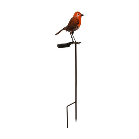 Robin Solar Stake garden ornament in plastic, orange head and breast with brown wings, tail and stake, solar light at its feet, on a plain white background.