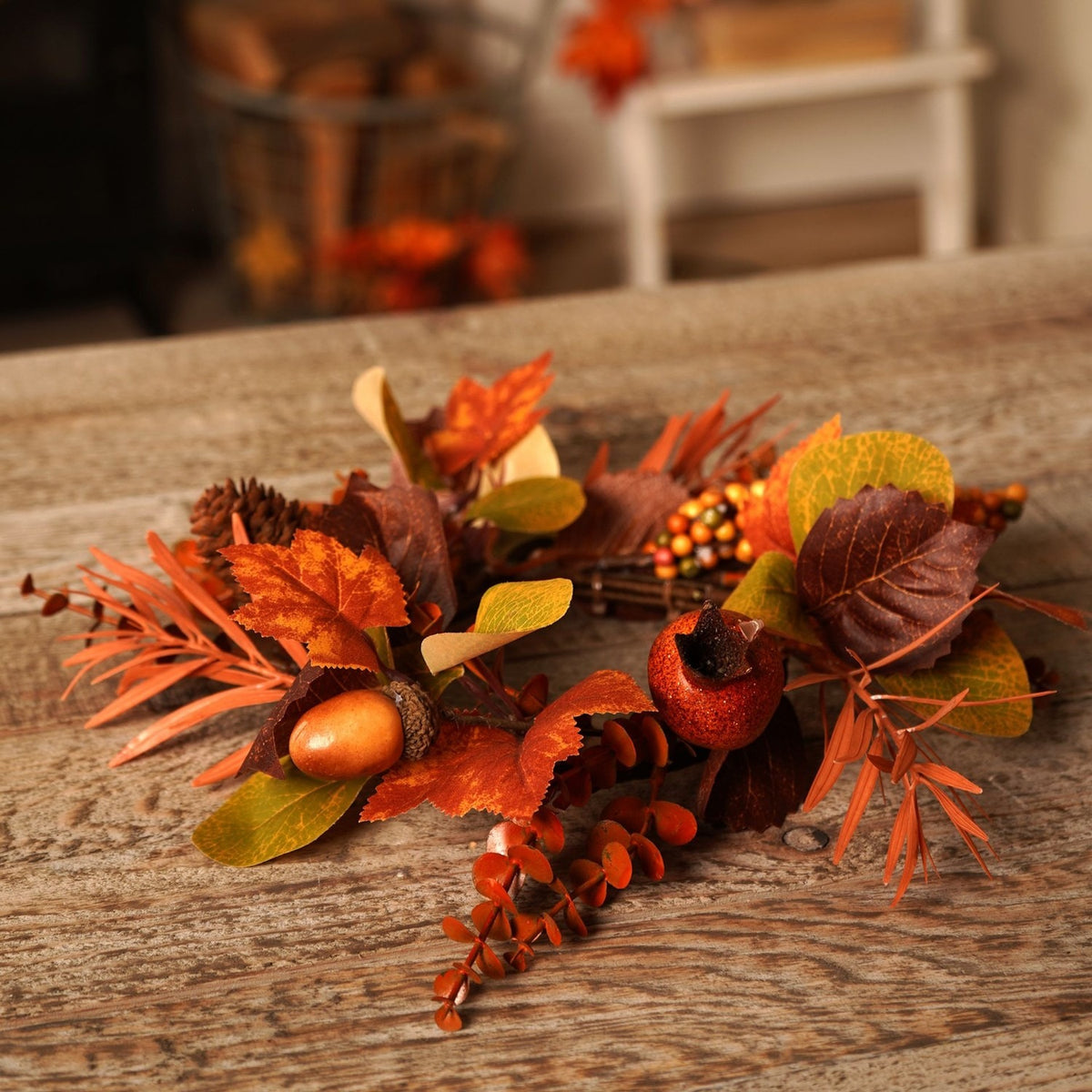 Autumn Maple Leaf and Pine Cone Iron Wreath - Orange & Brown