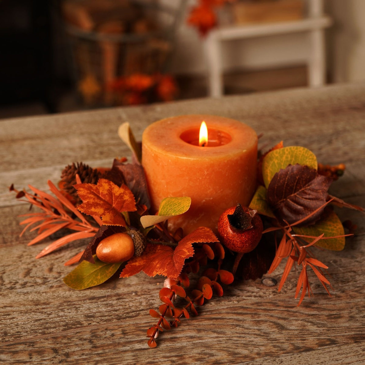 Autumn Maple Leaf and Pine Cone Iron Wreath - Orange & Brown