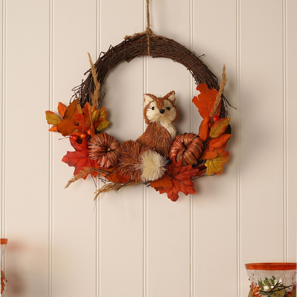 Fox, Pumpkin and Leaf Rattan Wreath 39cm - Orange & Brown