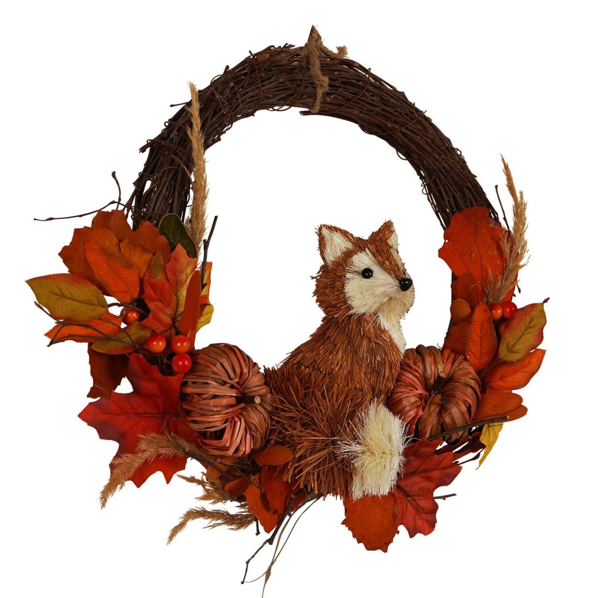 Fox, Pumpkin and Leaf Rattan Wreath 39cm - Orange & Brown