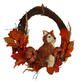 Fox, Pumpkin and Leaf Rattan Wreath 39cm - Orange & Brown