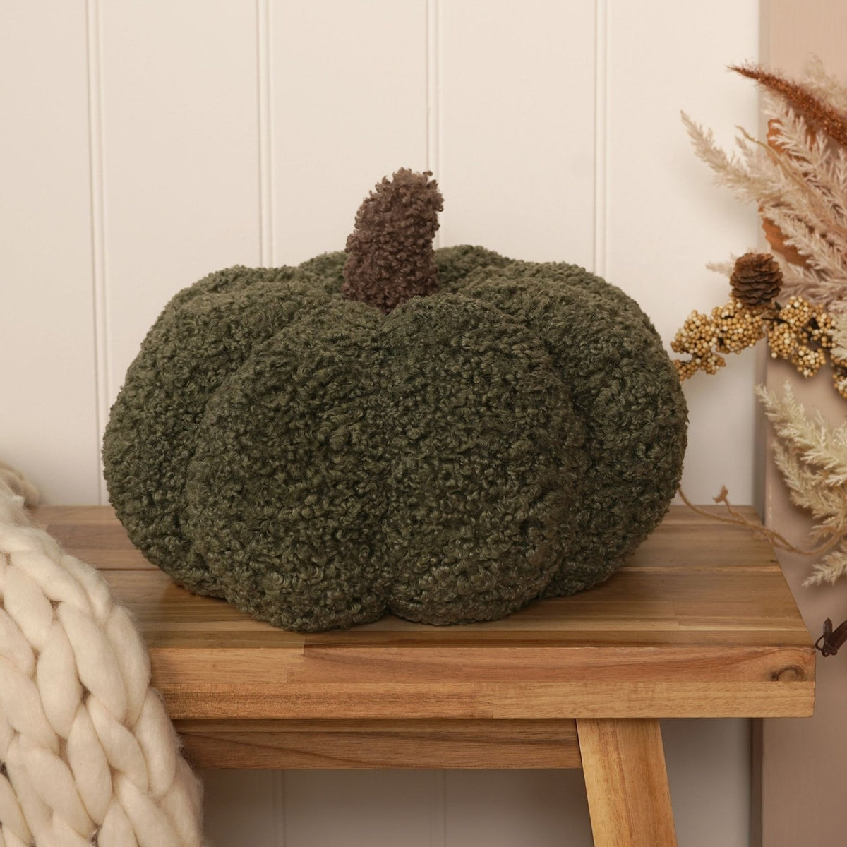 Curly Textured Pumpkin Cushion with Brown Stalk - Green