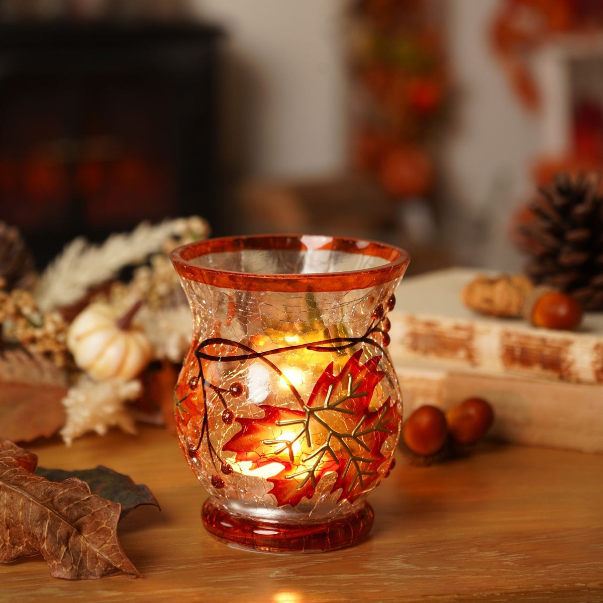 Autumn Leaf Glass Votive Candle Holder - Clear & Orange