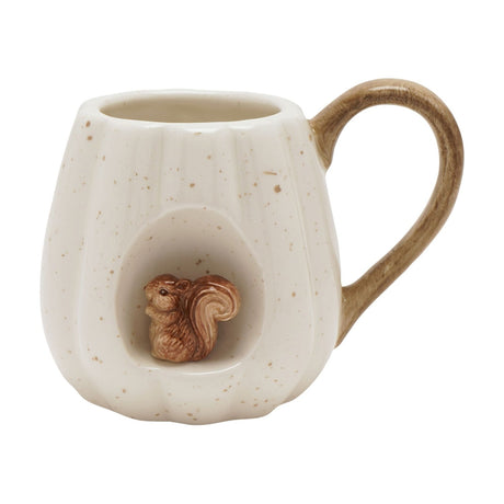 Speckled Pumpkin Squirrel Insert Ceramic Mug, 320ml, cream ribbed body with brown speckles, sculpted squirrel in an arched recess, brown curved handle, shown on a plain white background.