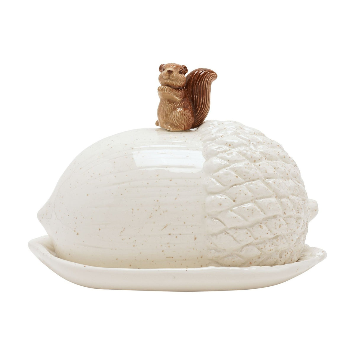 Speckled Acorn Ceramic Butter Dish with Squirrel Lid - Cream
