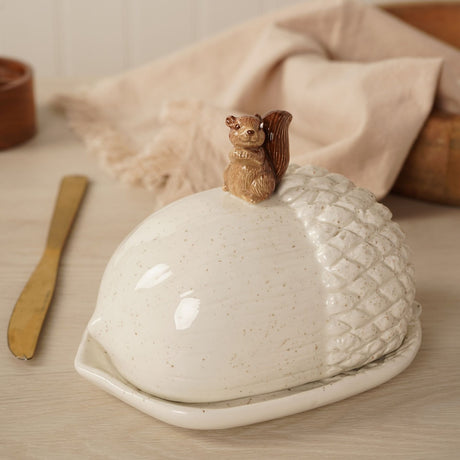 Speckled Acorn Ceramic Butter Dish with Squirrel Lid - Cream