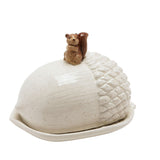 Speckled Acorn Ceramic Butter Dish with Squirrel Lid - Cream