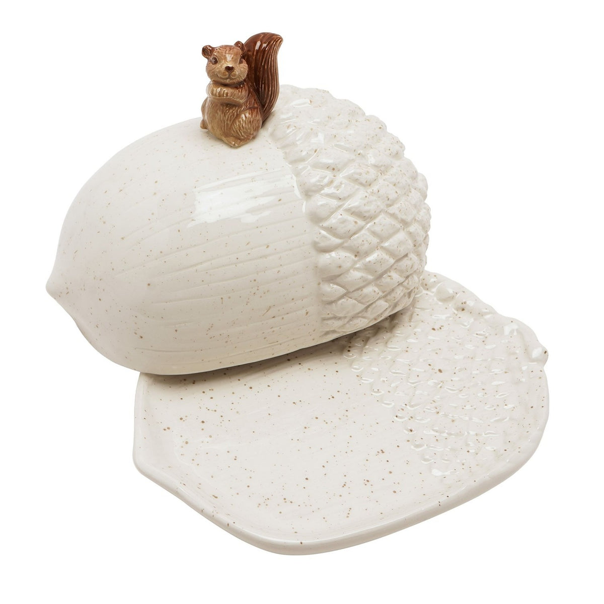 Speckled Acorn Ceramic Butter Dish with Squirrel Lid - Cream