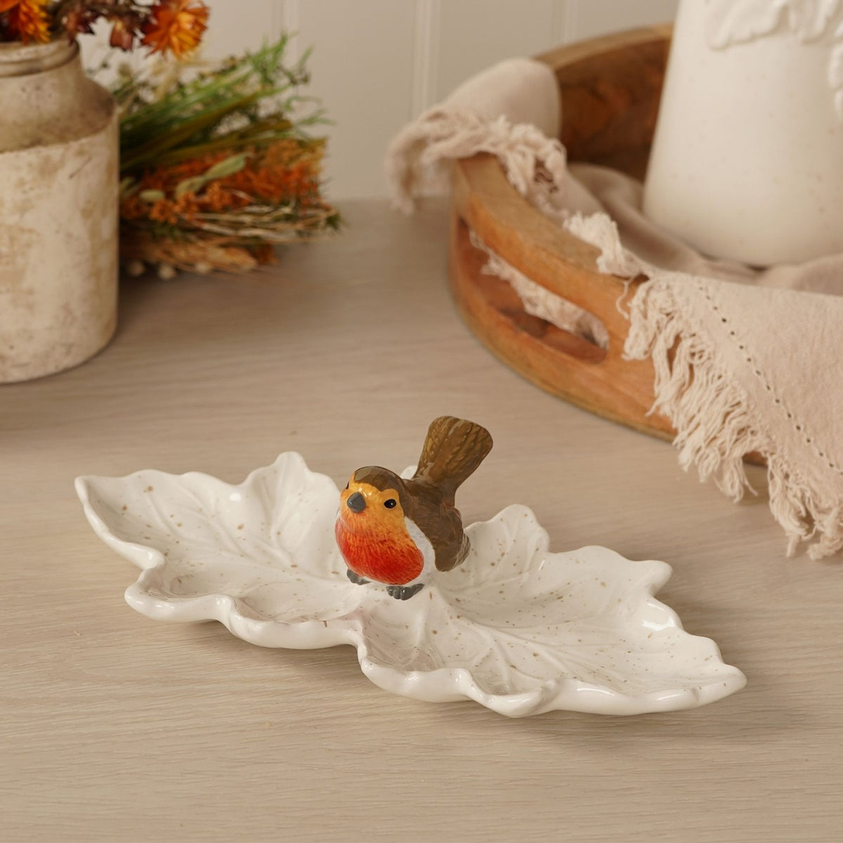 Robin Multi Leaf Speckled Ceramic Plate - White
