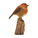 Robin Perched on a Trunk Resin Figurine in brown and orange, featuring textured feather detail, a cream belly and dark beak, set on a ridged timber-effect base against a plain white background.