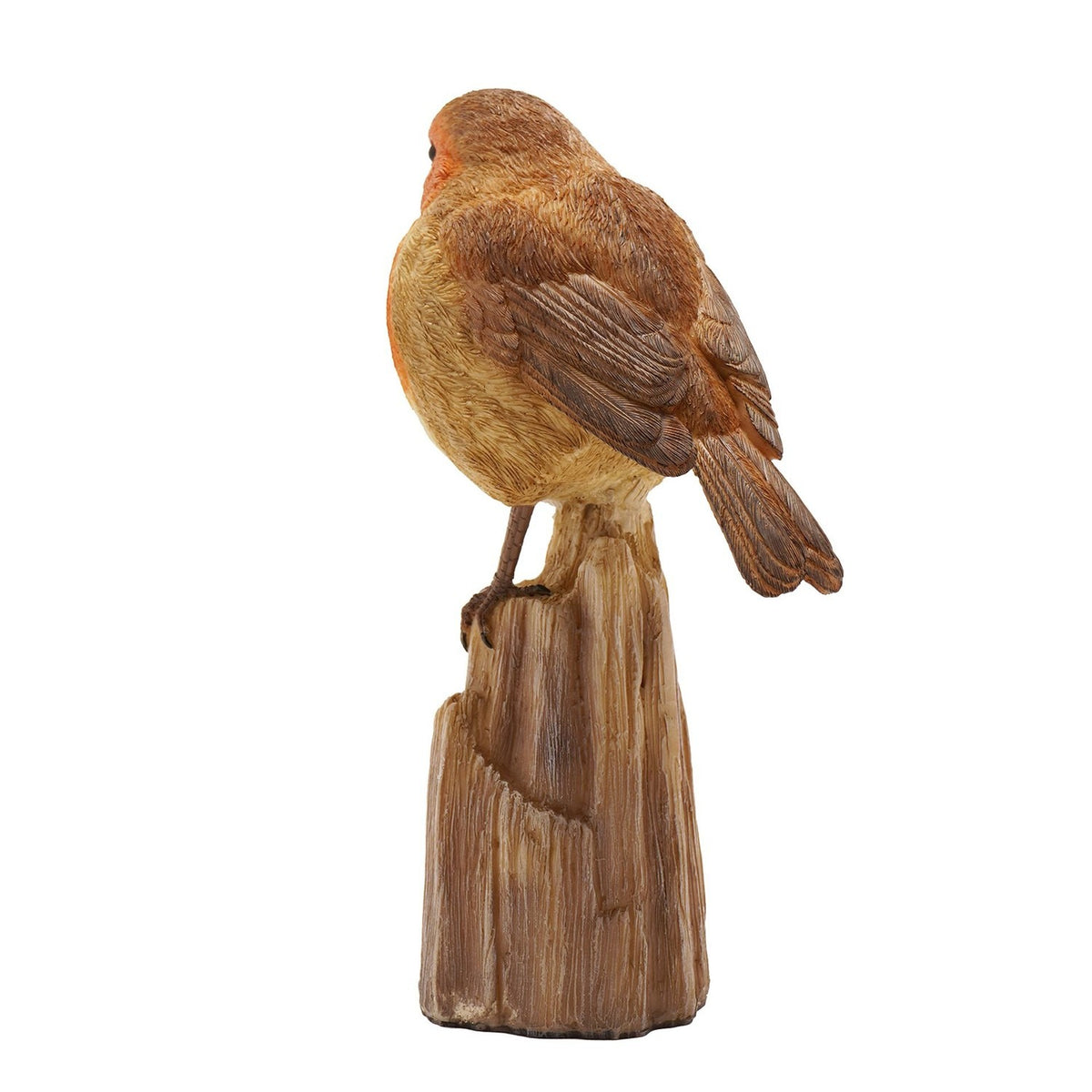 Robin Perched on a Trunk Resin Figurine in brown and orange, showing feather texture and a cream belly on a ridged timber-effect base, against a plain white background.