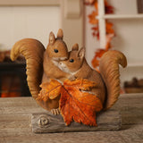 Squirrel Pair Resin Figurine with Autumn Leaf on Log - Brown