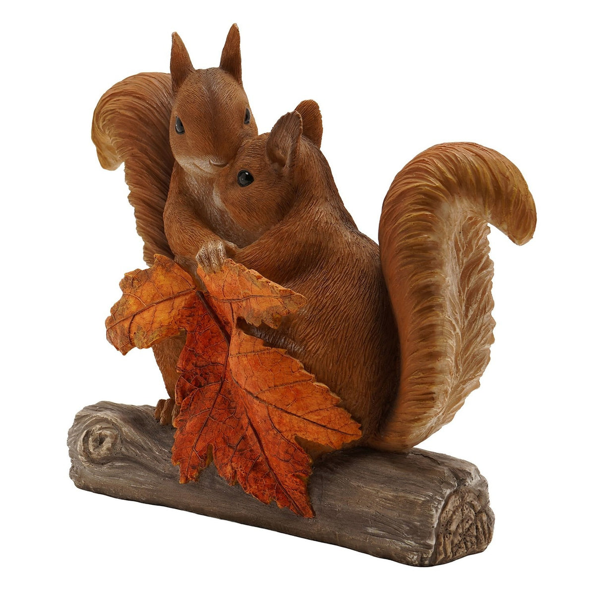 Squirrel Pair Resin Figurine with Autumn Leaf on Log - Brown