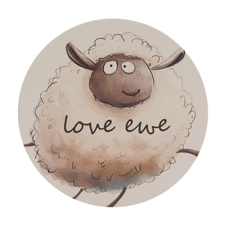 Round white ceramic coaster featuring a fluffy sheep illustration with "love ewe" handwritten script across its woolly coat, set on a plain background.