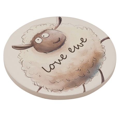 Round white ceramic coaster featuring a hand-drawn fluffy sheep with "love ewe" script across its woolly coat, shown on a plain white background.
