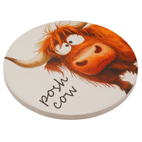Round ceramic coaster in white, printed with a shaggy ginger Highland cow face and curved horn, with "posh cow" in handwritten script, shown on a plain background.