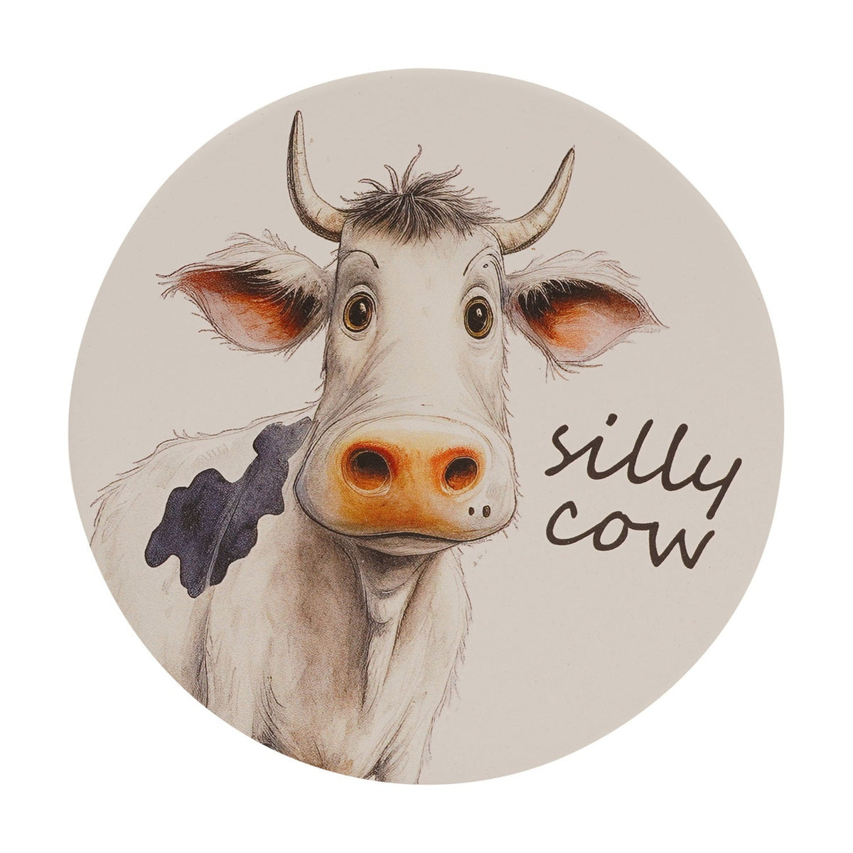 Silly Cow Illustrated Round Ceramic Drinks Coaster - White