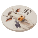 Silly Cow Illustrated Round Ceramic Drinks Coaster - White
