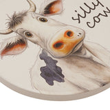 Silly Cow Illustrated Round Ceramic Drinks Coaster - White