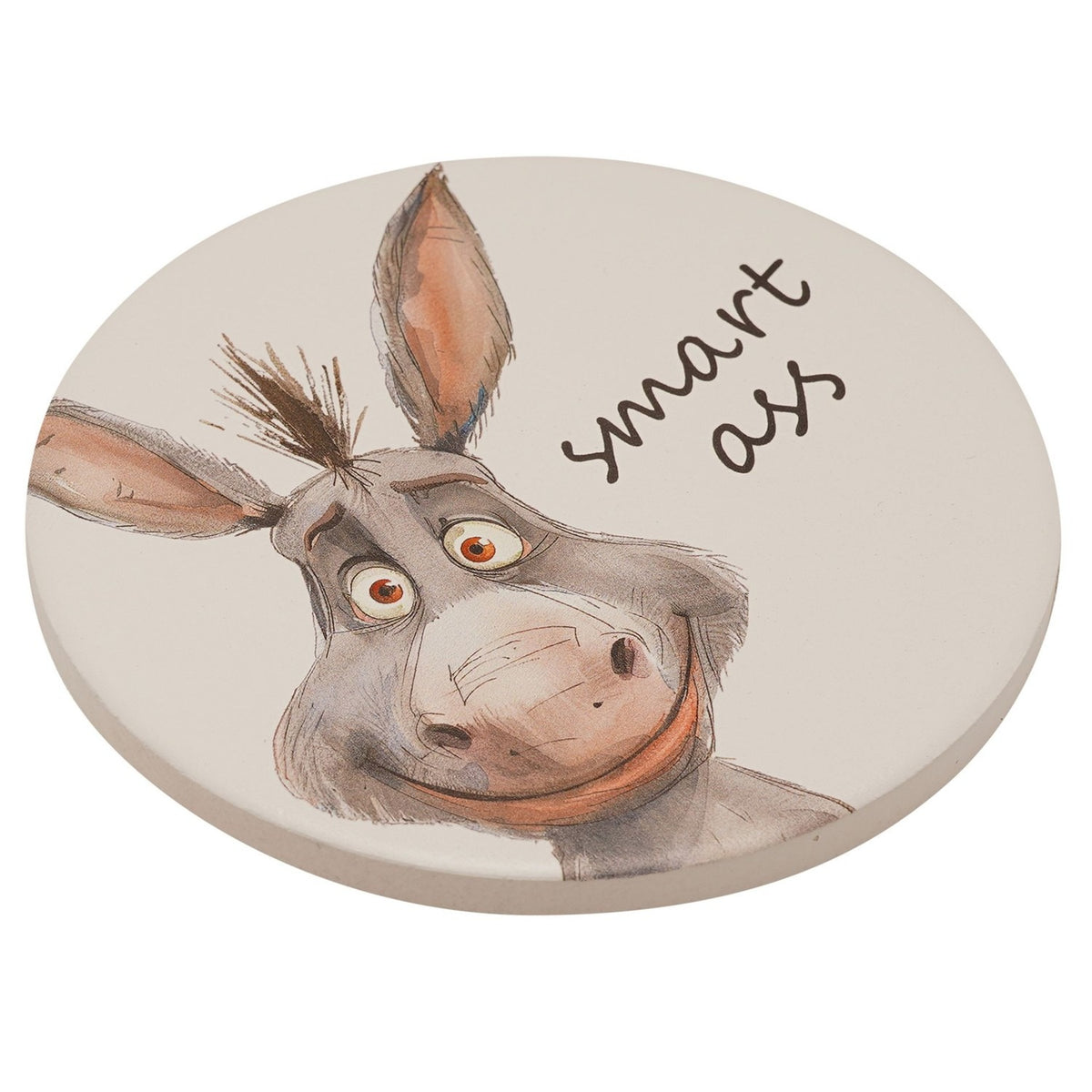 Smart Ass Grinning Donkey Round Ceramic Coaster - White