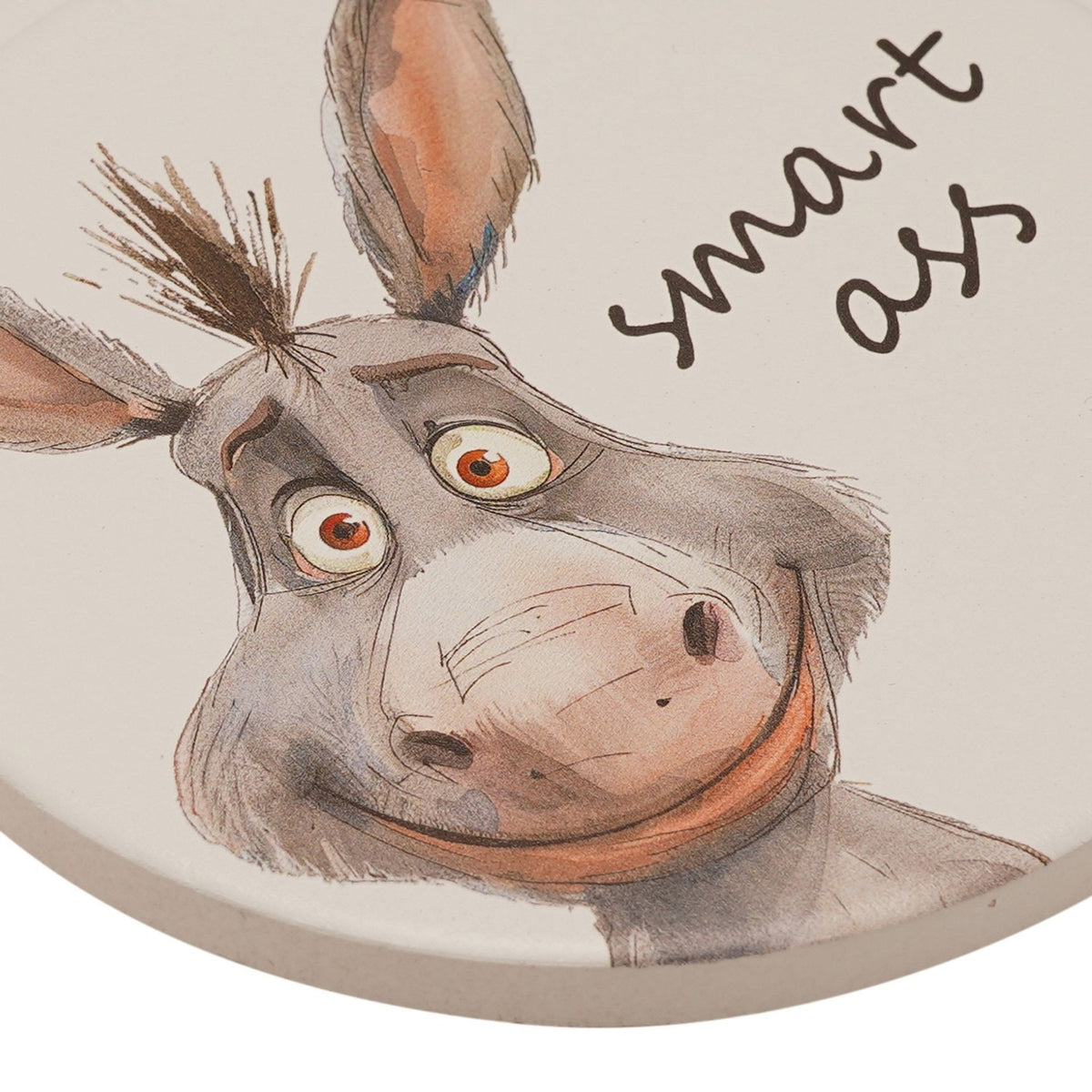 Smart Ass Grinning Donkey Round Ceramic Coaster - White