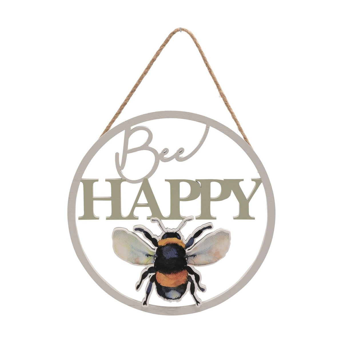 Bee Happy Bumblebee Cut-Out Round Hanging Plaque - Grey