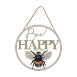 Bee Happy Bumblebee Cut-Out Round Hanging Plaque - Grey