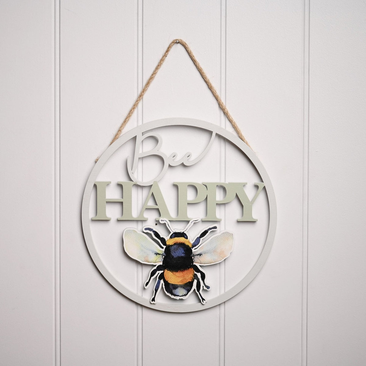 Bee Happy Bumblebee Cut-Out Round Hanging Plaque - Grey