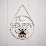 Bee Happy Bumblebee Cut-Out Round Hanging Plaque - Grey