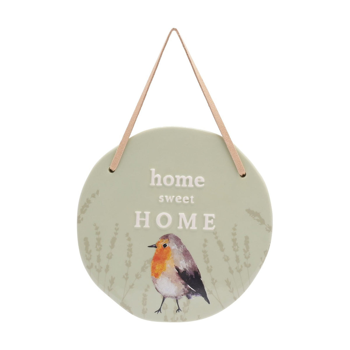 Round ceramic hanging plaque in sage green with "home sweet HOME" lettering, a watercolour robin among lavender sprigs, and a leather hanging strap on a white background.