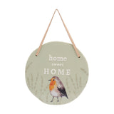 Round ceramic hanging plaque in sage green with "home sweet HOME" lettering, a watercolour robin among lavender sprigs, and a leather hanging strap on a white background.