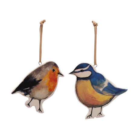 Set of 2 hanging stoneware bird plaques shaped as a robin and a blue tit, hand-painted in watercolour-style detail with tan hanging cords, on a plain white background.