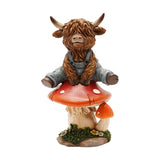 Highland Cow in Dungarees on a Mushroom Polystone Figurine