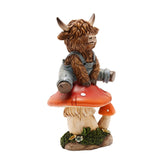 Highland Cow in Dungarees on a Mushroom Polystone Figurine