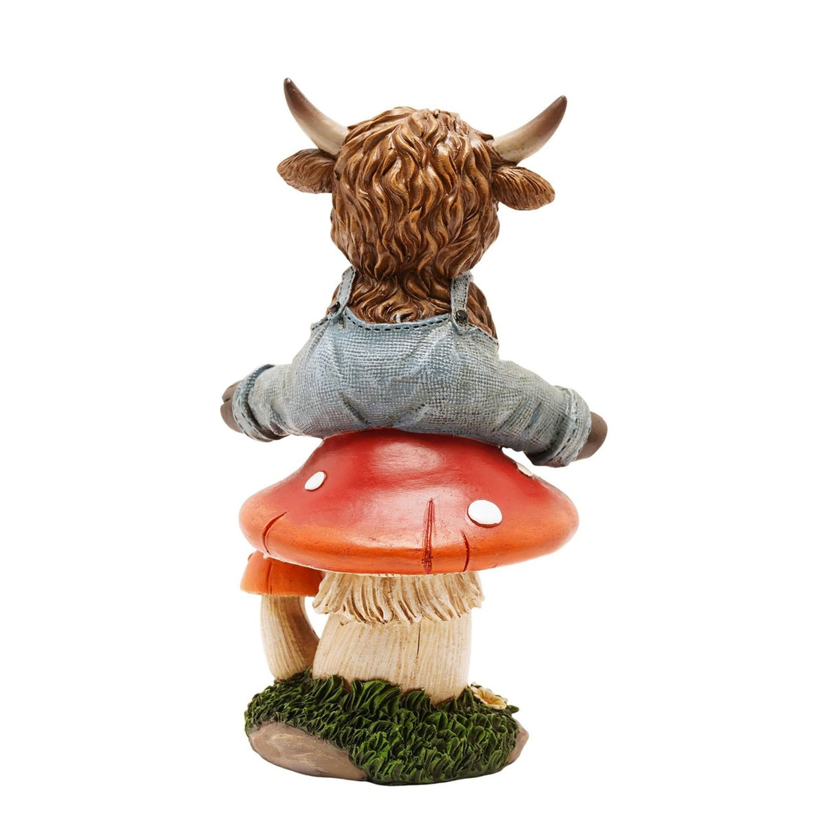 Highland Cow in Dungarees on a Mushroom Polystone Figurine