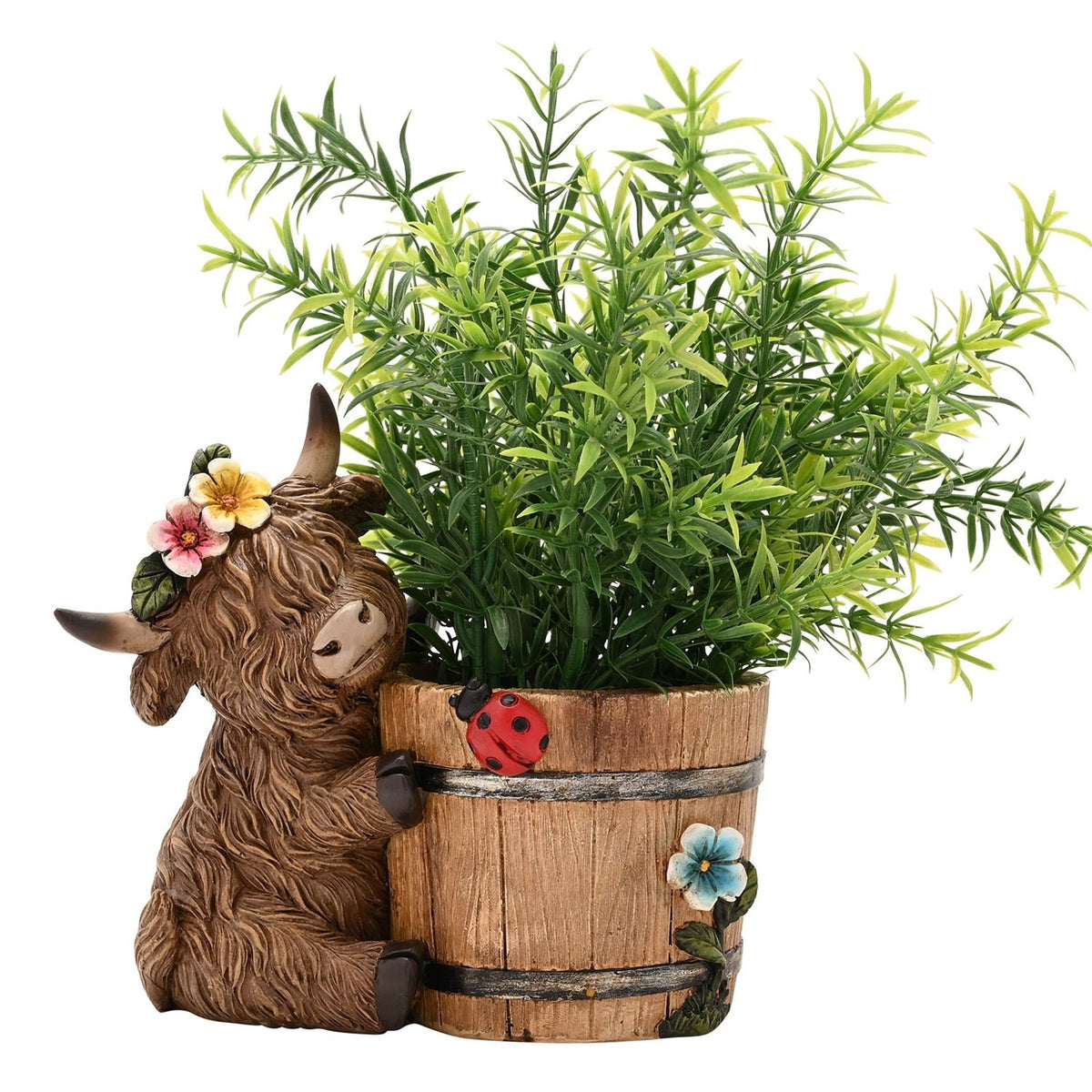 Highland Cow and Barrel Resin Planter with Ladybird - Brown