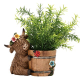Highland Cow and Barrel Resin Planter with Ladybird - Brown