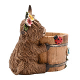 Highland Cow and Barrel Resin Planter with Ladybird - Brown