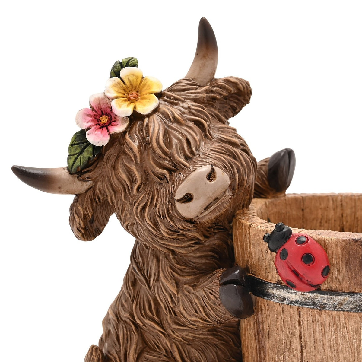 Highland Cow and Barrel Resin Planter with Ladybird - Brown