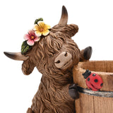 Highland Cow and Barrel Resin Planter with Ladybird - Brown