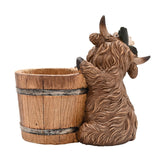 Highland Cow and Barrel Resin Planter with Ladybird - Brown