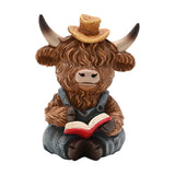 Sitting Highland Cow Reading Resin Figurine - Brown & Blue