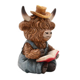 Sitting Highland Cow Reading Resin Figurine - Brown & Blue
